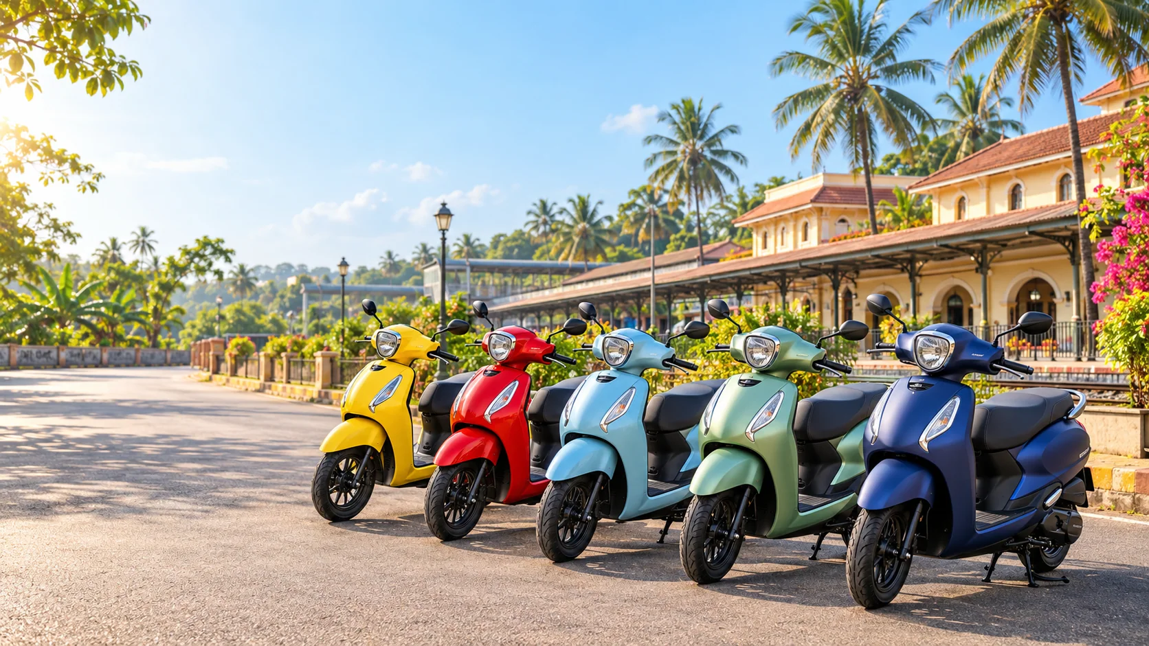 Five colourful Yamaha Fascino scooters near Thivim Railway Station